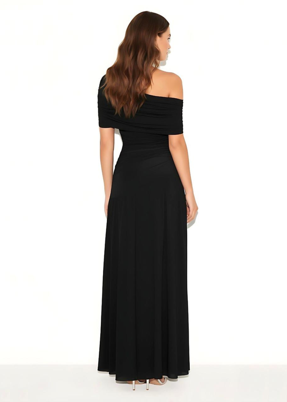 Black Off-Shoulder Ruched Maxi Dress With Slit