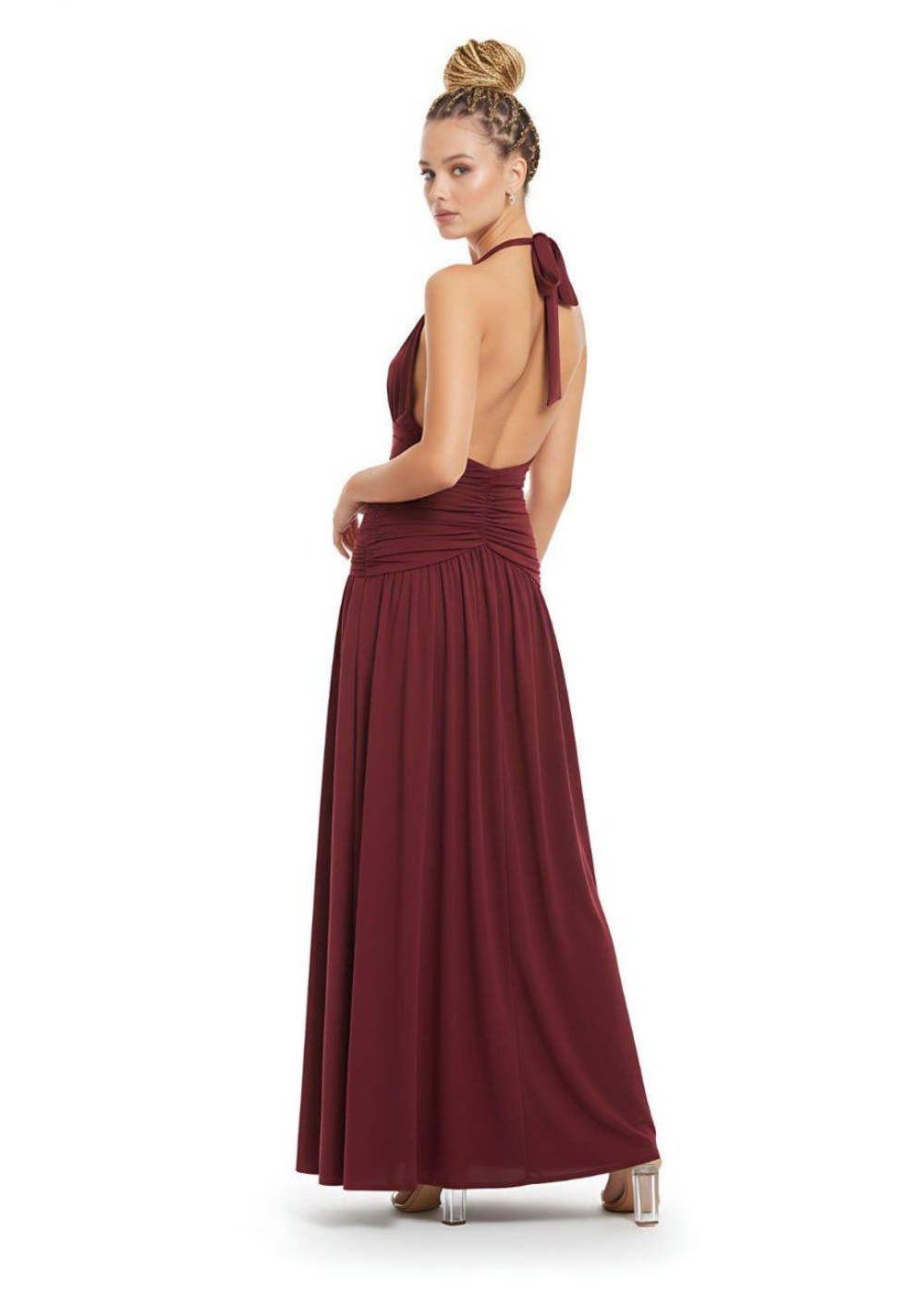Burgundy Slinky Backless Ruched Maxi Dress