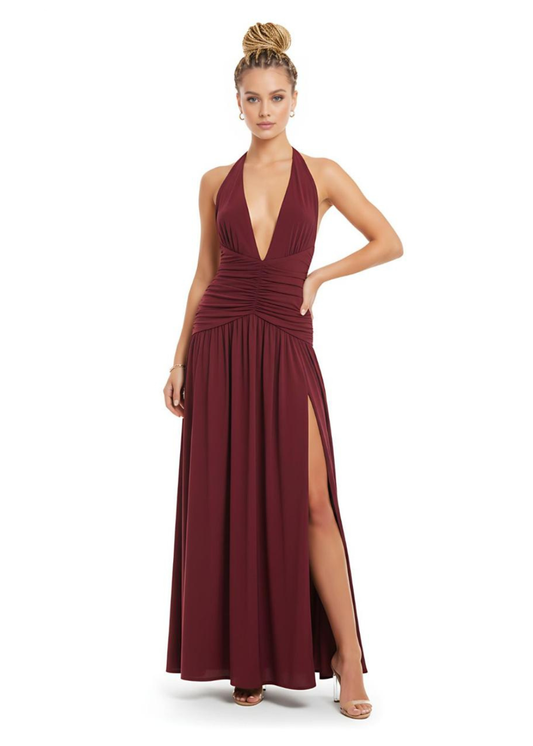 Burgundy Slinky Backless Ruched Maxi Dress