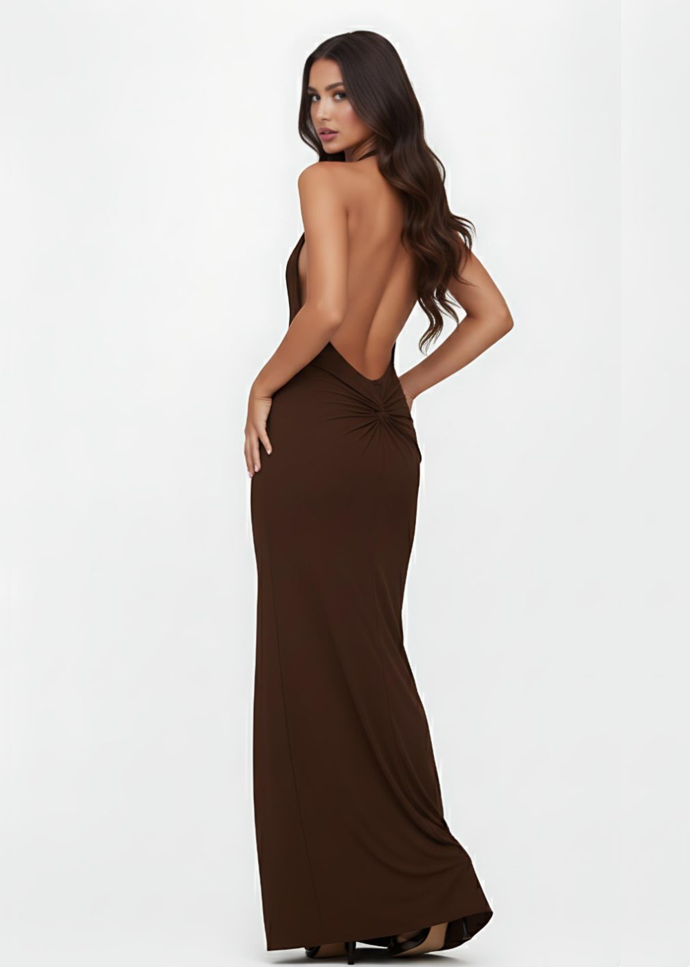 Chocolate Open Low Back Cowl Neck Maxi Dress