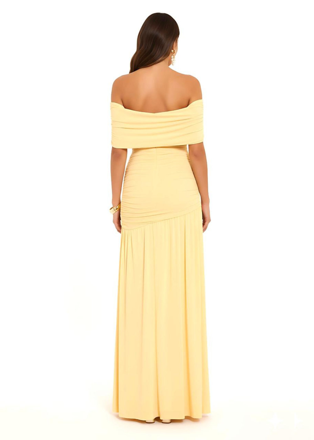 Lemon One Shoulder Ruched High Slit Maxi Gown