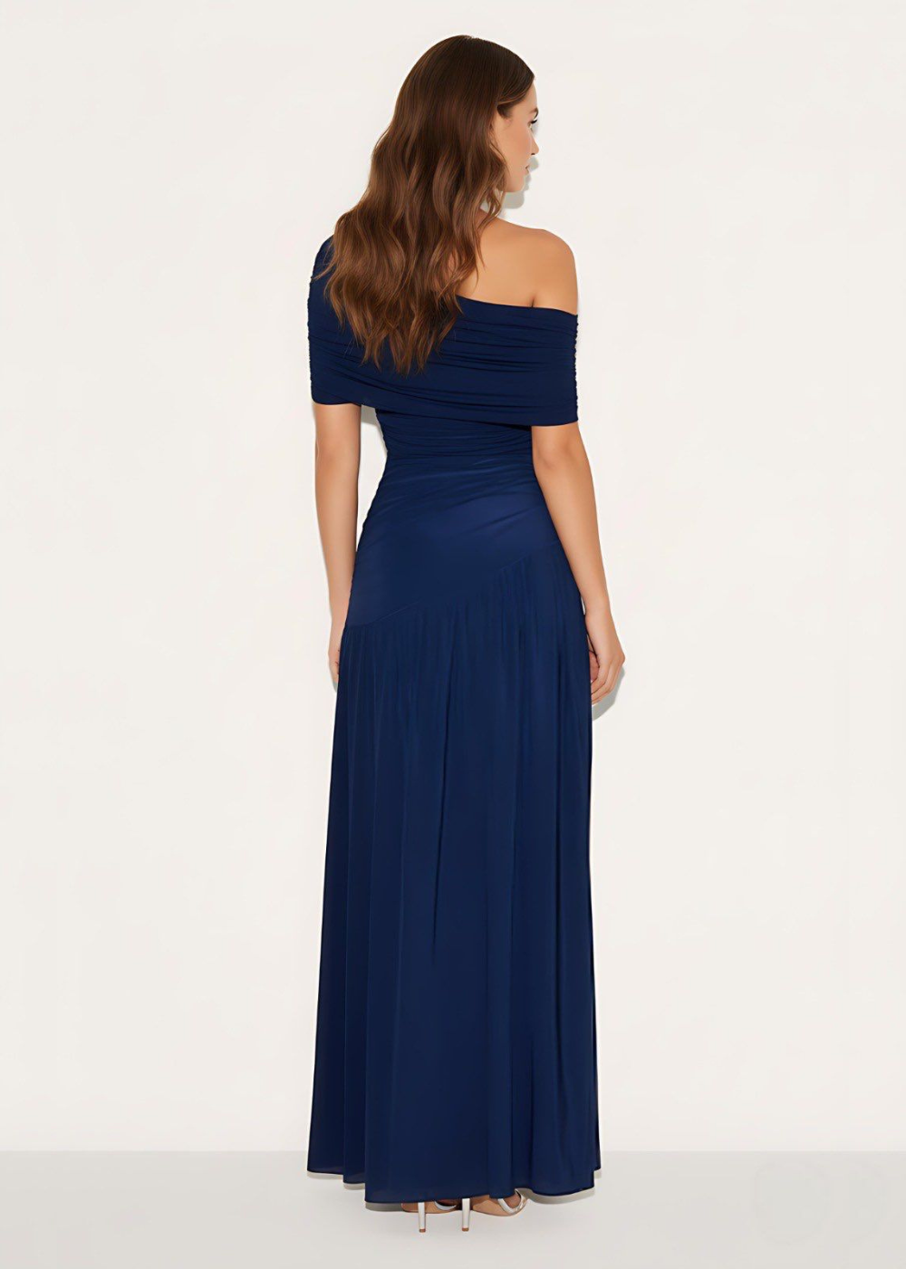 Navy Off-Shoulder Ruched Maxi Dress With Slit