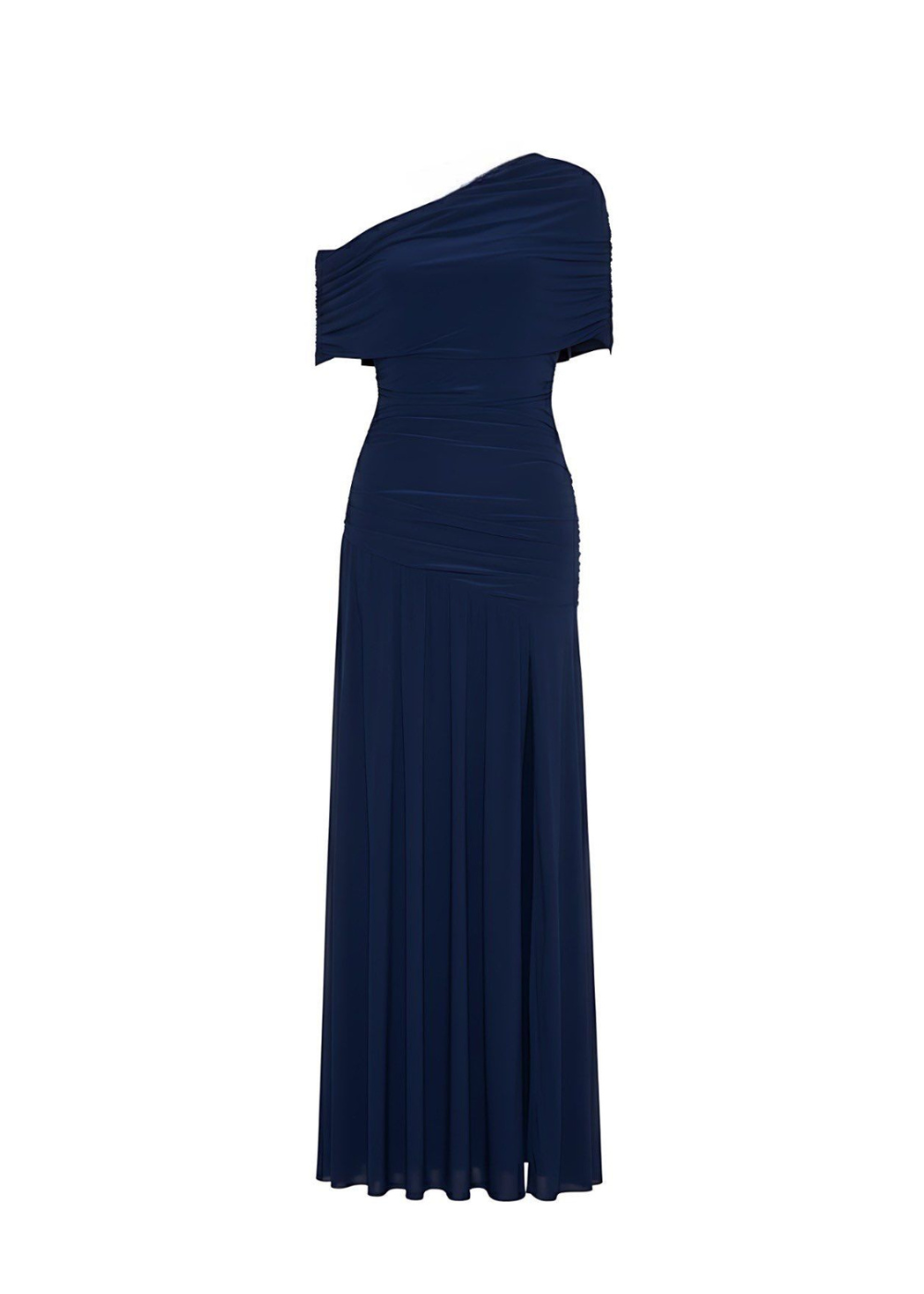 Navy Off-Shoulder Ruched Maxi Dress With Slit