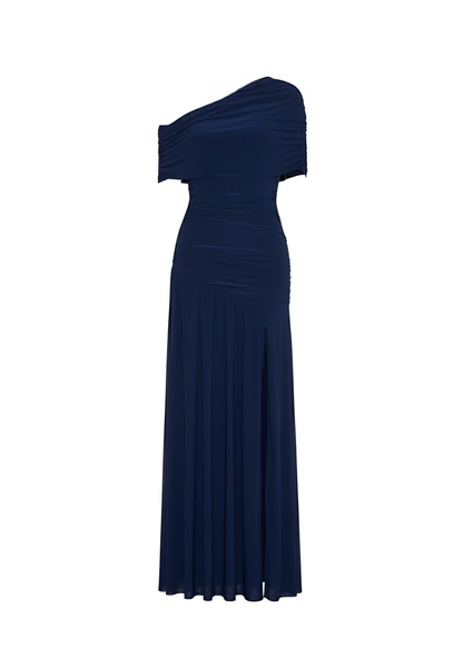 Navy Off-Shoulder Ruched Maxi Dress With Slit