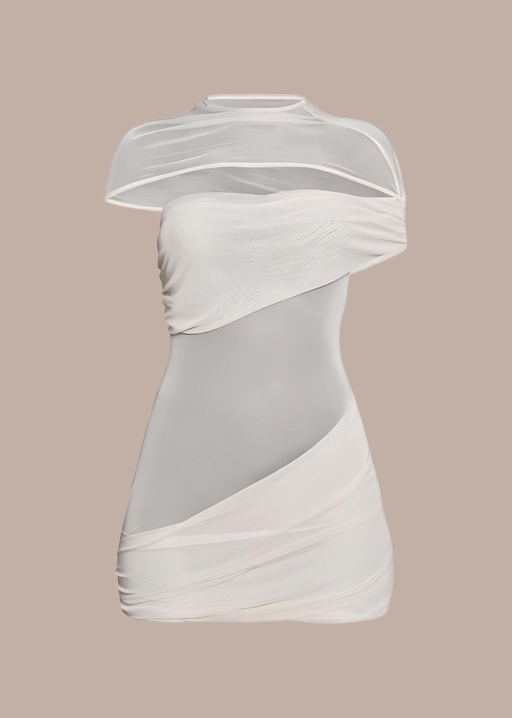 Almond Asymmetric Sheer Panel Ruched Mini Dress