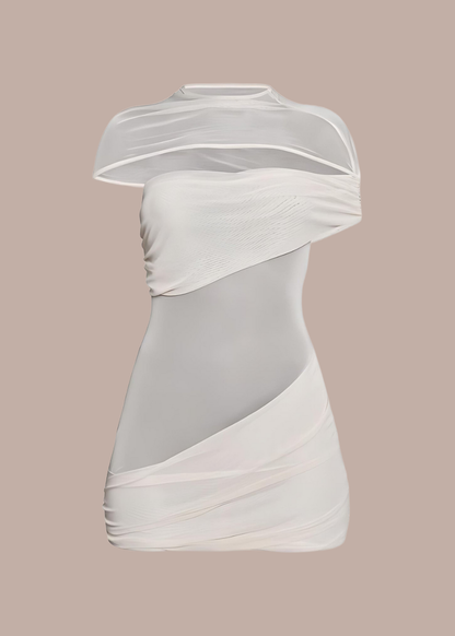 Almond Asymmetric Sheer Panel Ruched Mini Dress