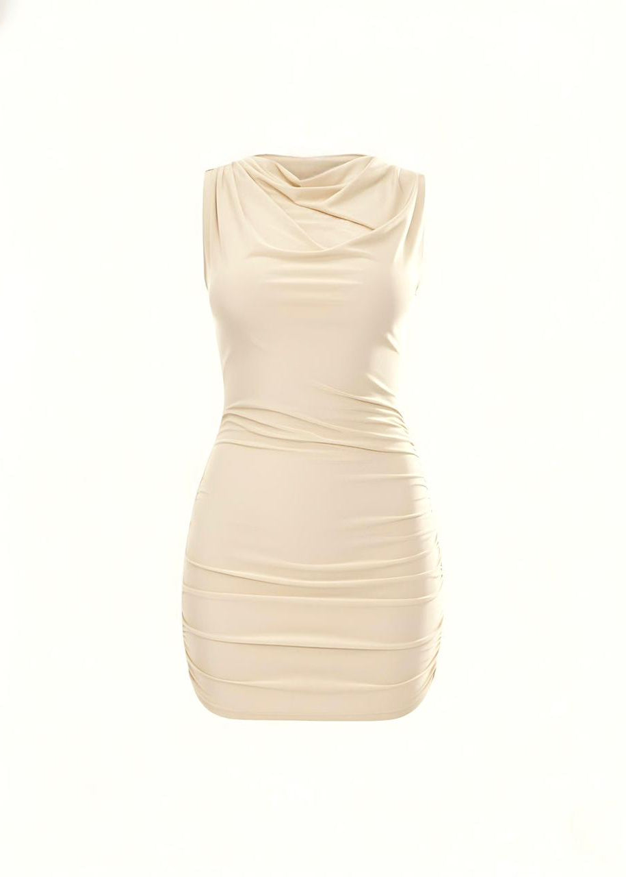 Almond High Neck Evening Out Ruched Mini Dress
