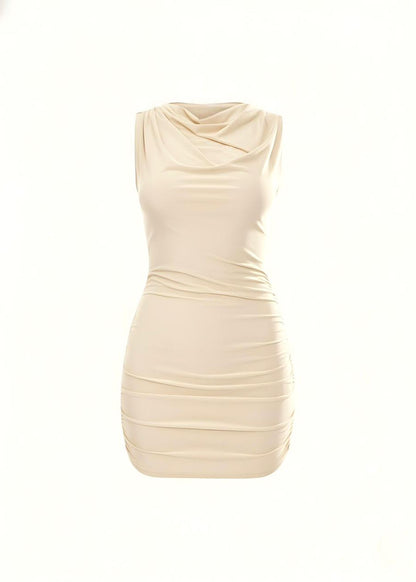 Almond High Neck Evening Out Ruched Mini Dress