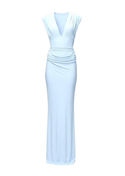 Baby Blue Deep V Neck Bodycon Evening Maxi Dress