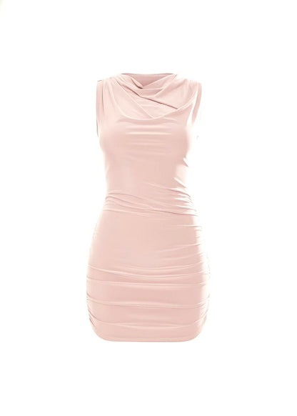 Baby Pink Ruched High Neck Stretch Mini Dress