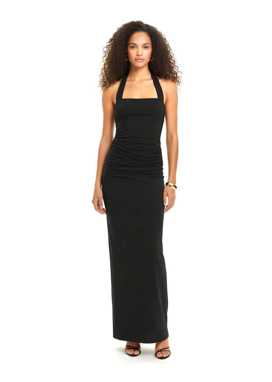 Black Double Layer Slinky Square Neck Maxi Dress