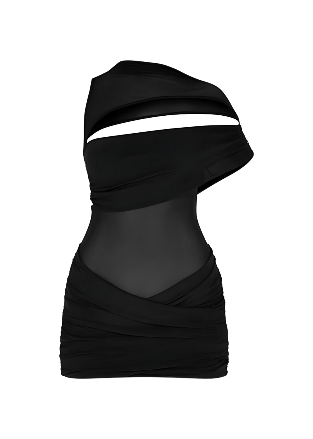 Black Draped Mesh Cut-Out Figure-Hugging Mini Dress