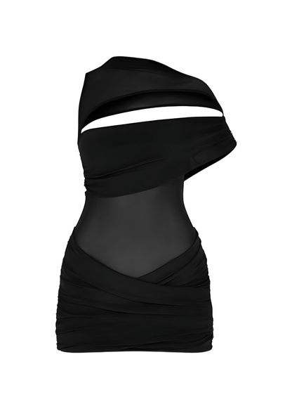 Black Draped Mesh Cut-Out Figure-Hugging Mini Dress