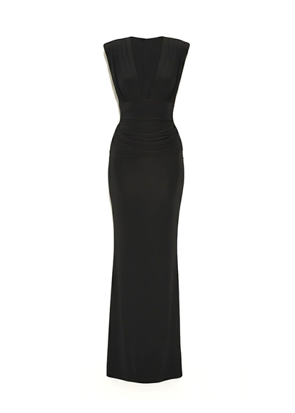 Black Elegant Deep V Slinky Maxi Evening Dress