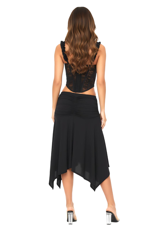 Black Flowy Asymmetric Hem Party Midi Skirt