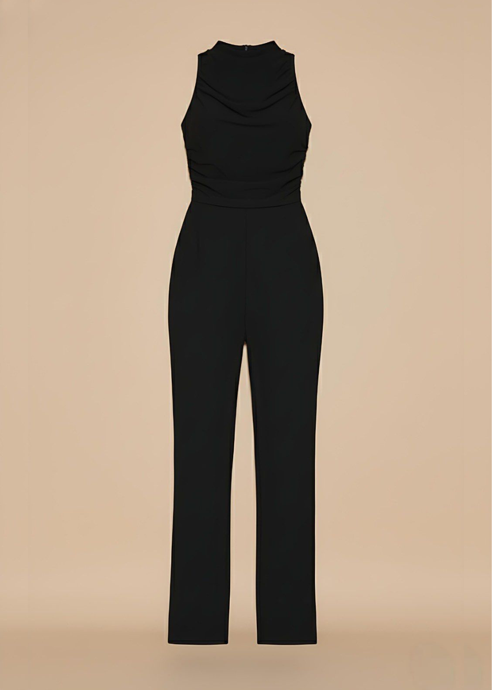 Black High Neck Ruched Waist Wide Leg Jumpsuit