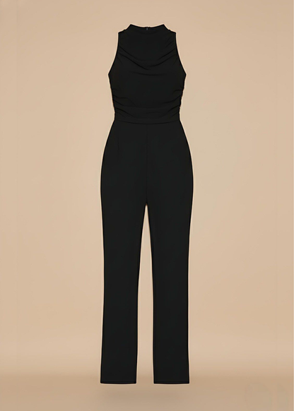 Black High Neck Ruched Waist Wide Leg Jumpsuit