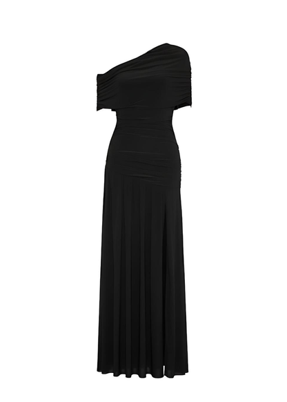 Black Off-Shoulder Ruched Maxi Dress With Slit