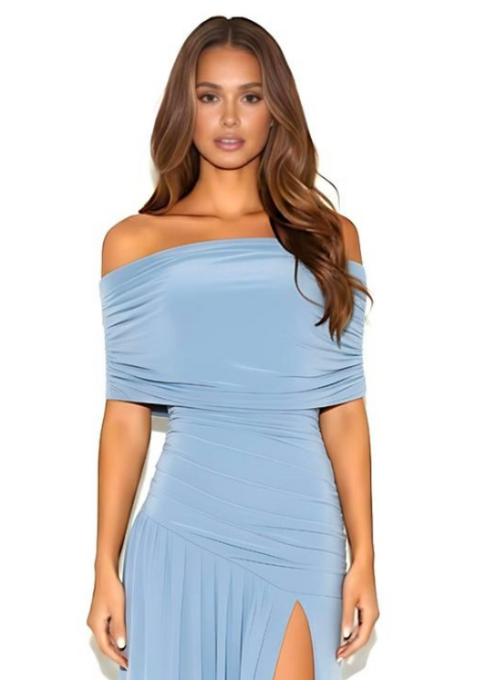 Blue Split Hem Off Shoulder Formal Maxi Dress