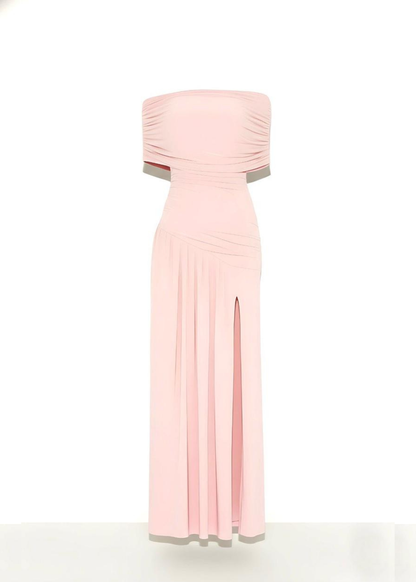 Blush Elegant Off Shoulder Ruched Maxi Evening Dress