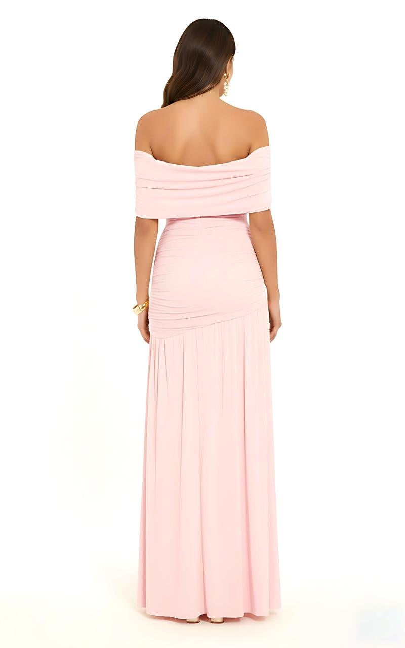 Blush Elegant Off Shoulder Ruched Maxi Evening Dress