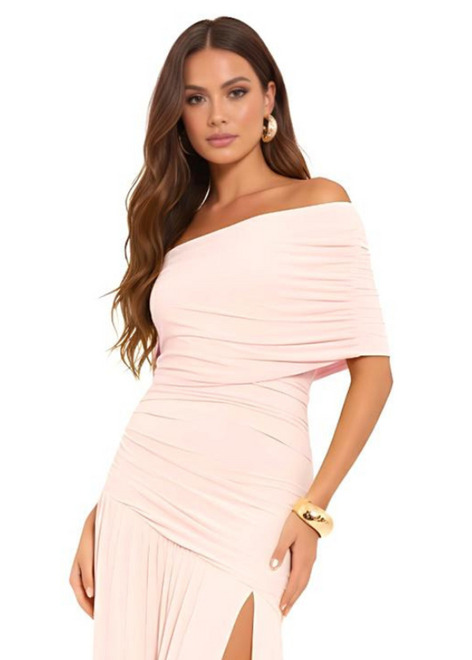 Blush Elegant Off Shoulder Ruched Maxi Evening Dress