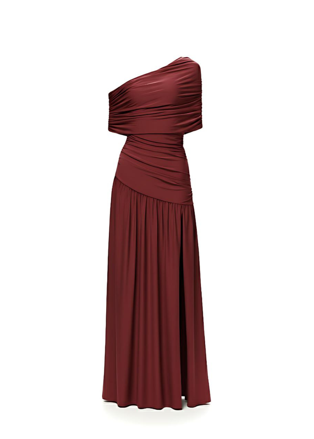 Burgundy Draped Off Shoulder Slit Maxi Dress
