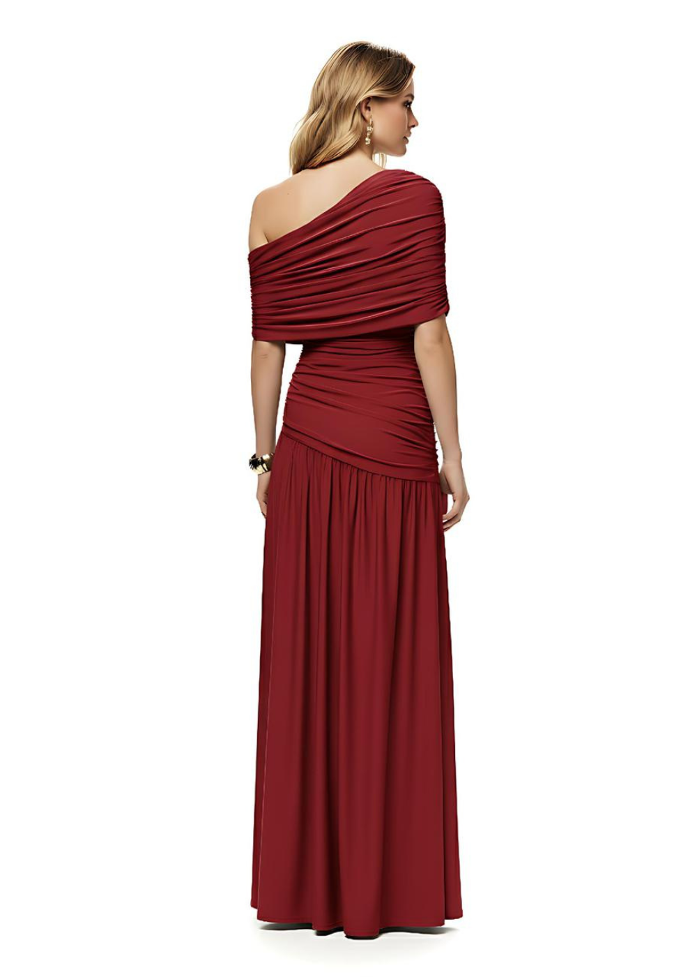 Burgundy Draped Off Shoulder Slit Maxi Dress