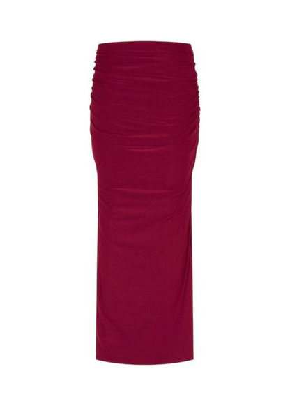 Burgundy High Waist Ruched Stretch Maxi Skirt