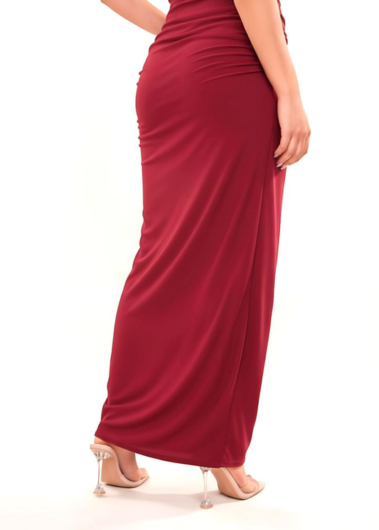 Burgundy High Waist Ruched Stretch Maxi Skirt