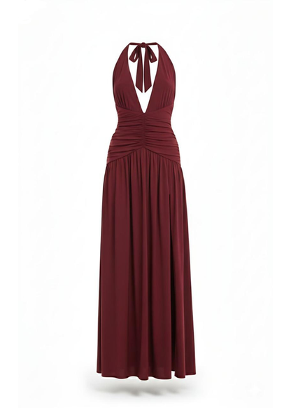 Burgundy Slinky Backless Ruched Maxi Dress