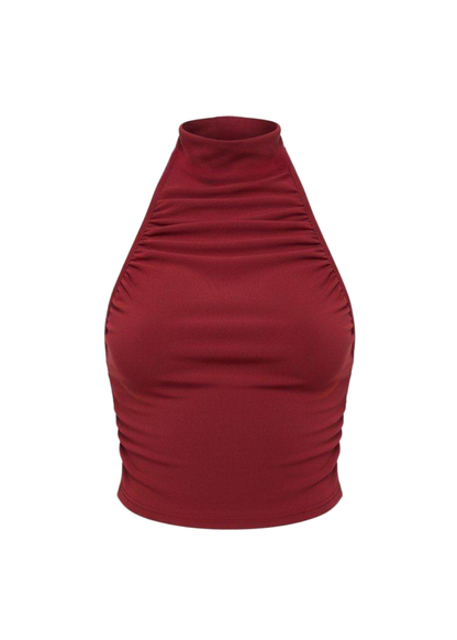 Burgundy Slinky Halter Backless Ruched Crop Top