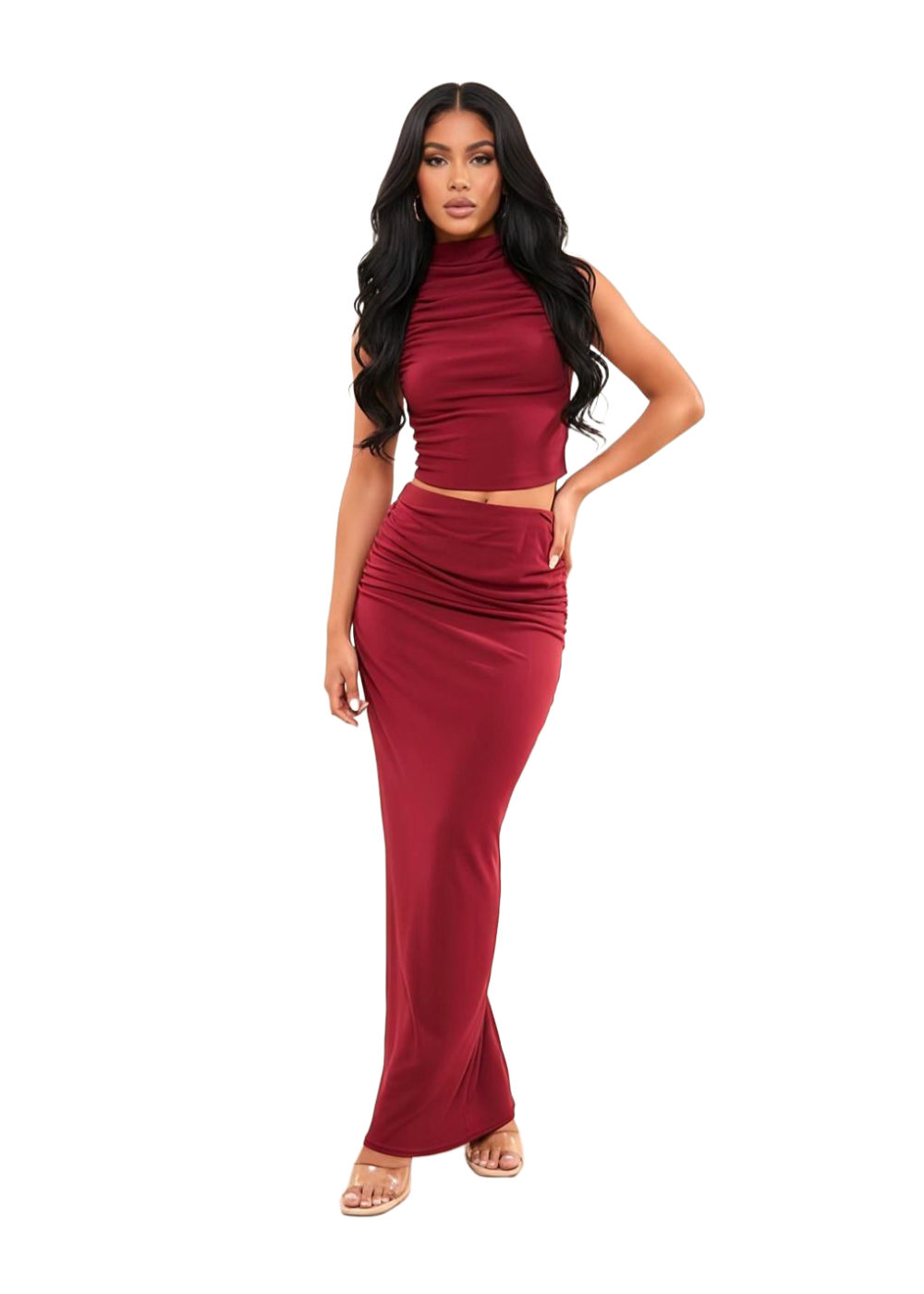 Burgundy Slinky Halter Backless Ruched Crop Top