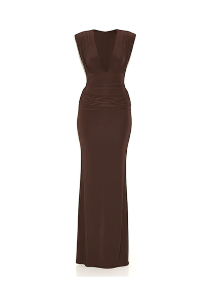 Chocolate Brown Figure Hugging Plunge Maxi Dress