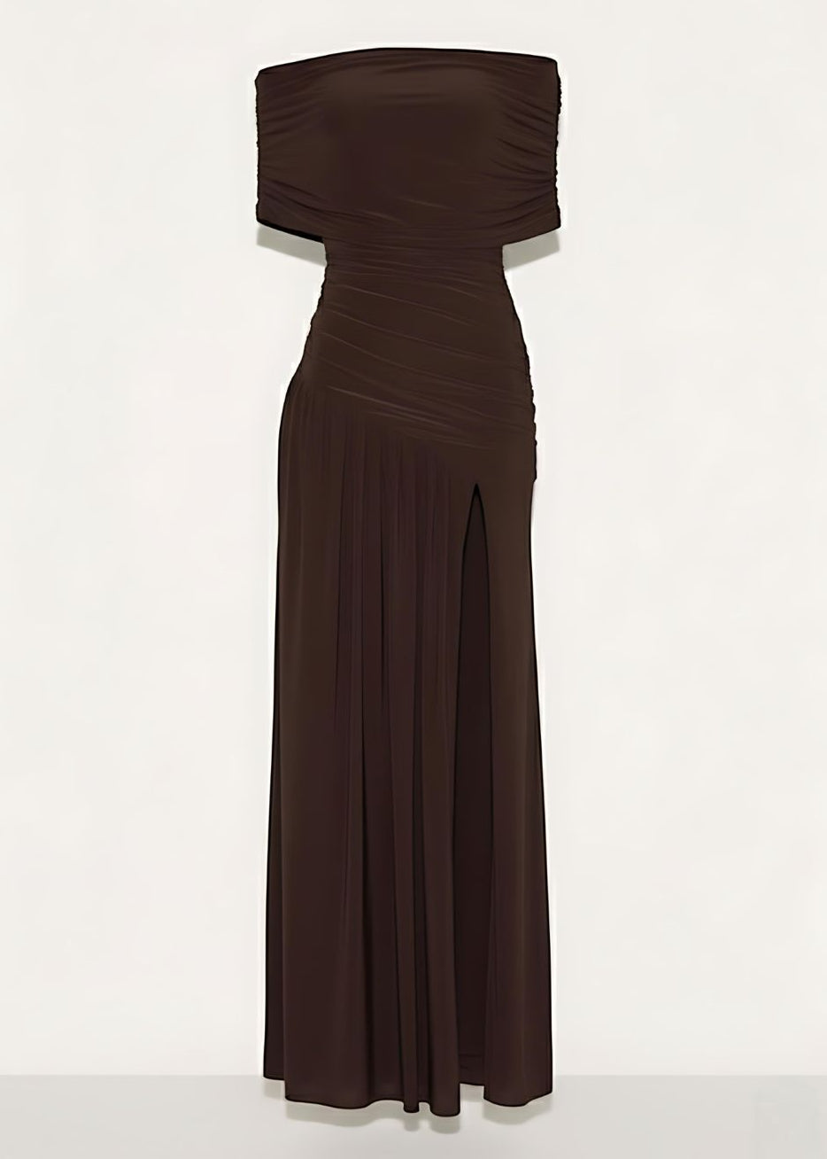 Chocolate Brown Glam Off Shoulder Split Maxi Dress