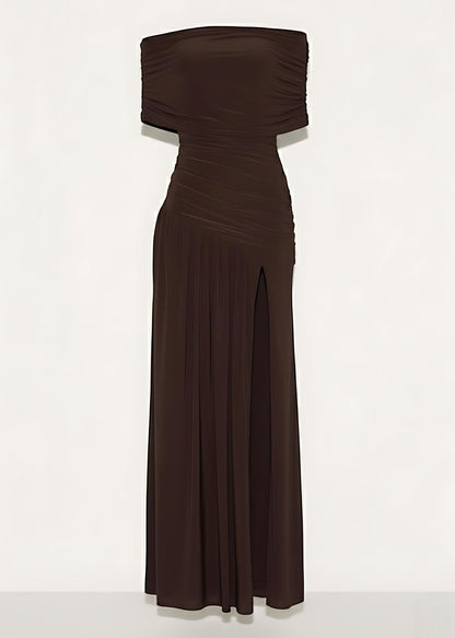 Chocolate Brown Glam Off Shoulder Split Maxi Dress