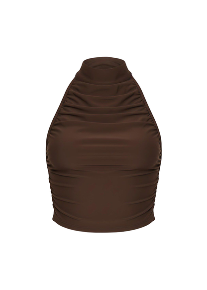 Chocolate Chic Ruched High Neck Crop Top