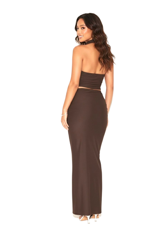 Chocolate Chic Ruched High Neck Crop Top