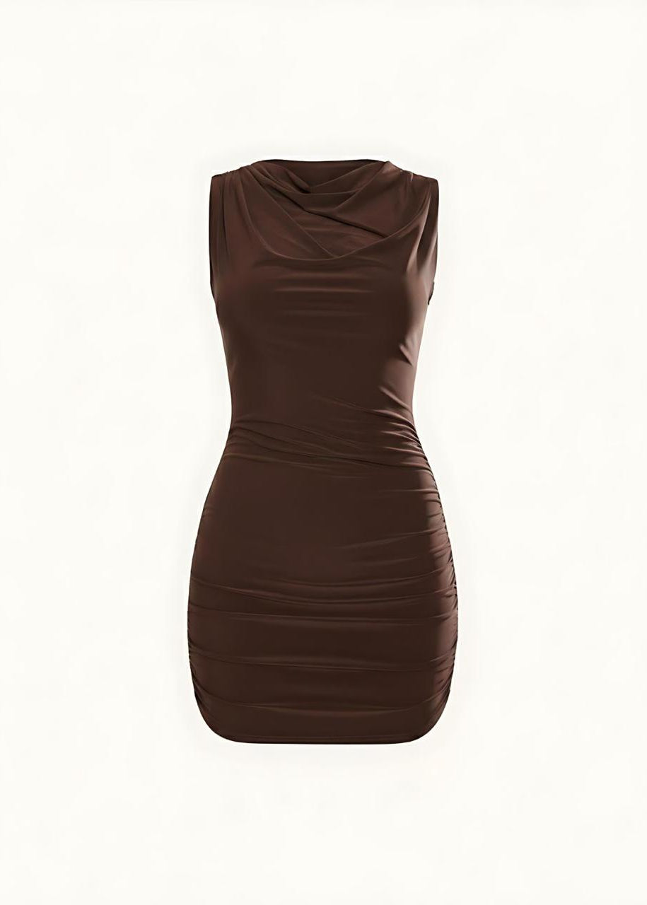 Chocolate High Neck Sleeveless Mini Dress