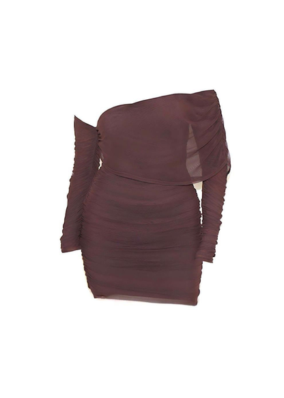 Chocolate One Shoulder Mesh Mini Party Dress