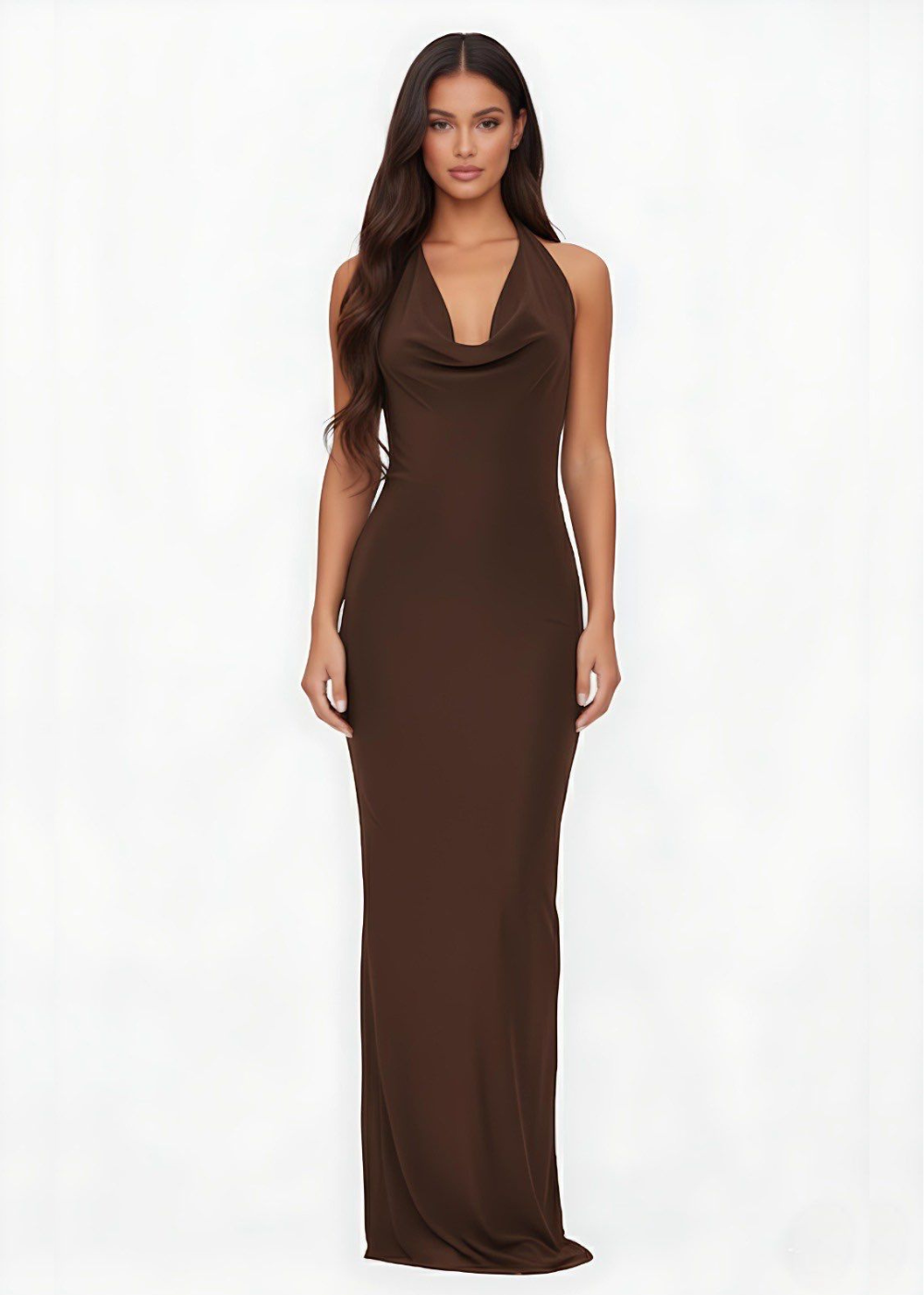 Chocolate Open Low Back Cowl Neck Maxi Dress
