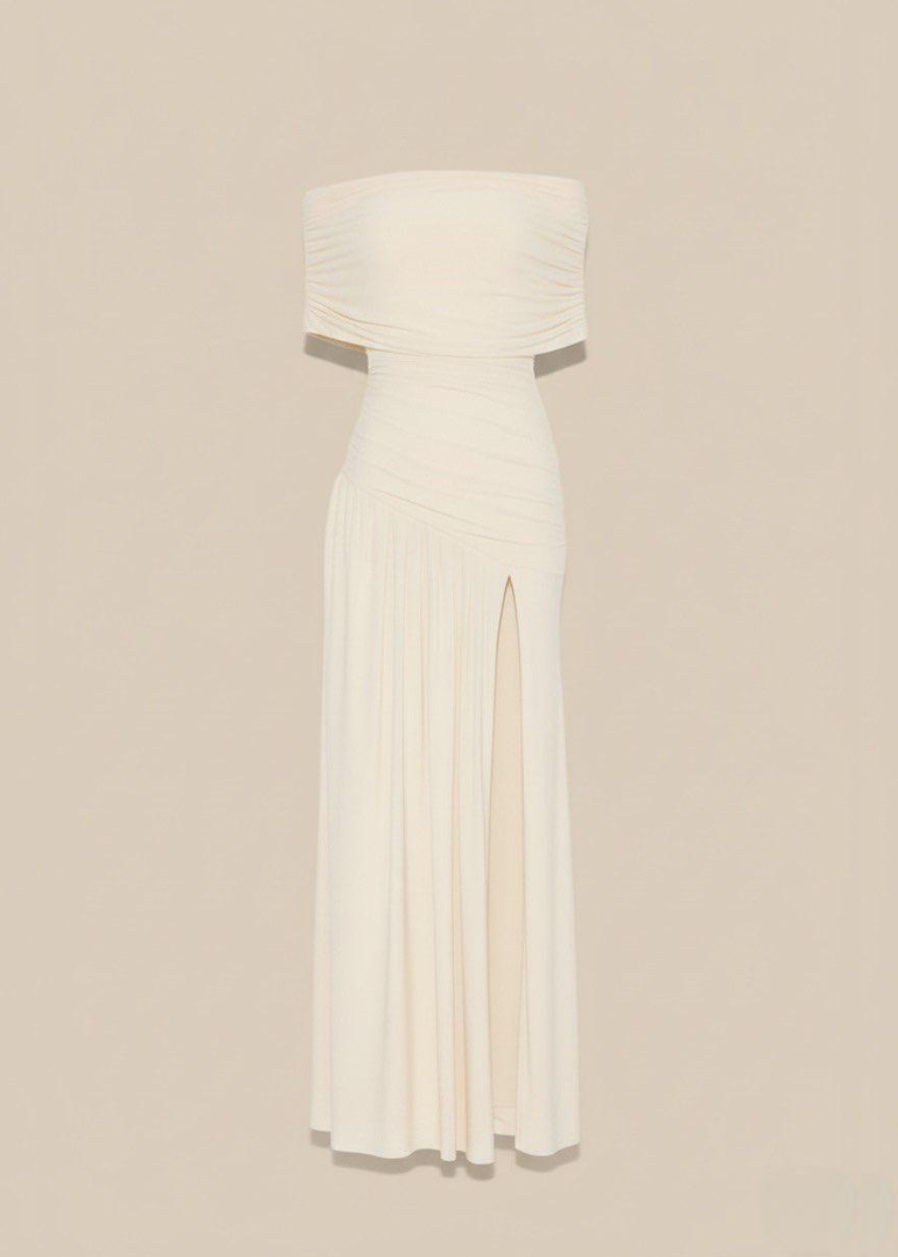 Cream Occasion Off Shoulder Ruched Maxi Dress