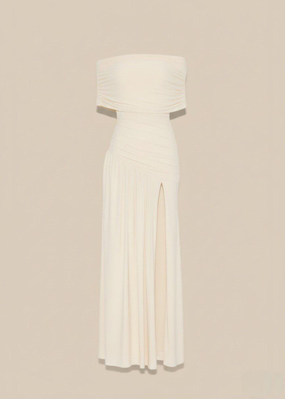 Cream Occasion Off Shoulder Ruched Maxi Dress