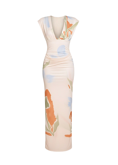 Cream Printed Plunge Neck Sleeveless Maxi Dress