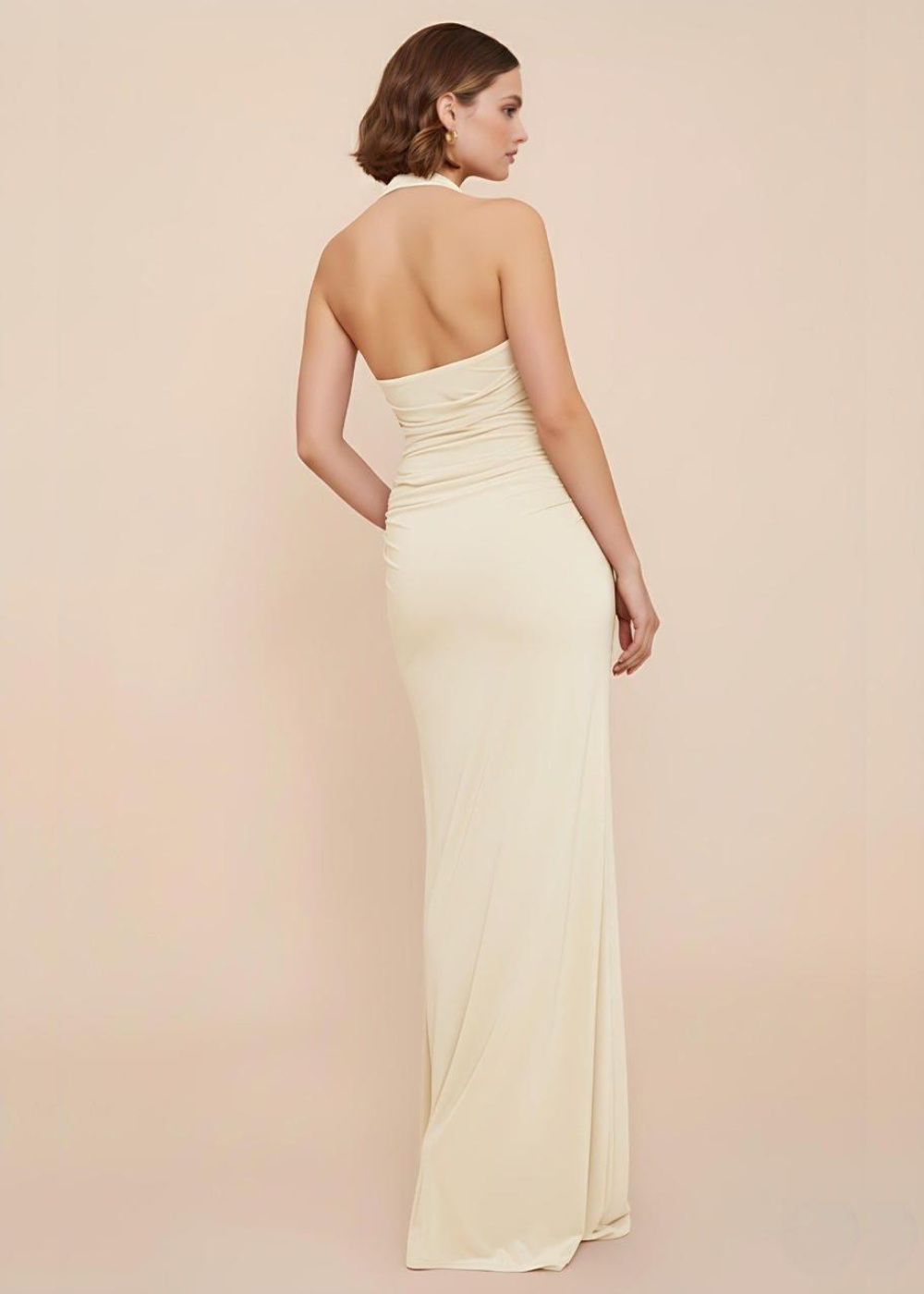Cream Square Neck Ruched Backless Maxi Dress