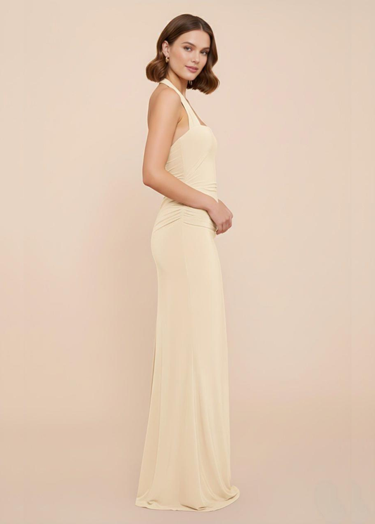 Cream Square Neck Ruched Backless Maxi Dress