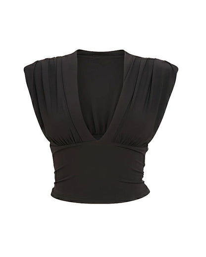 Black Deep V Neck Pleated Crop Blouse