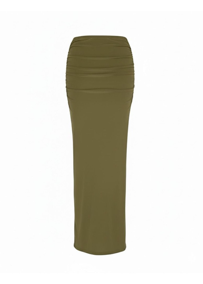 Khaki Ruched Bodycon Slinky Maxi Skirt