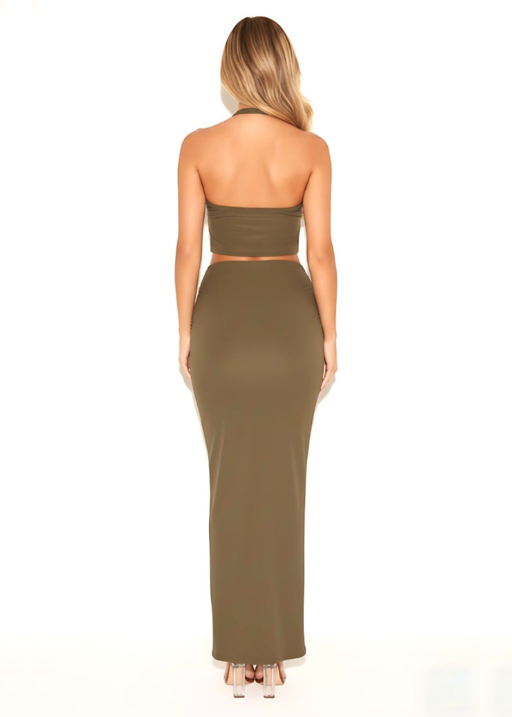 Khaki Ruched Bodycon Slinky Maxi Skirt