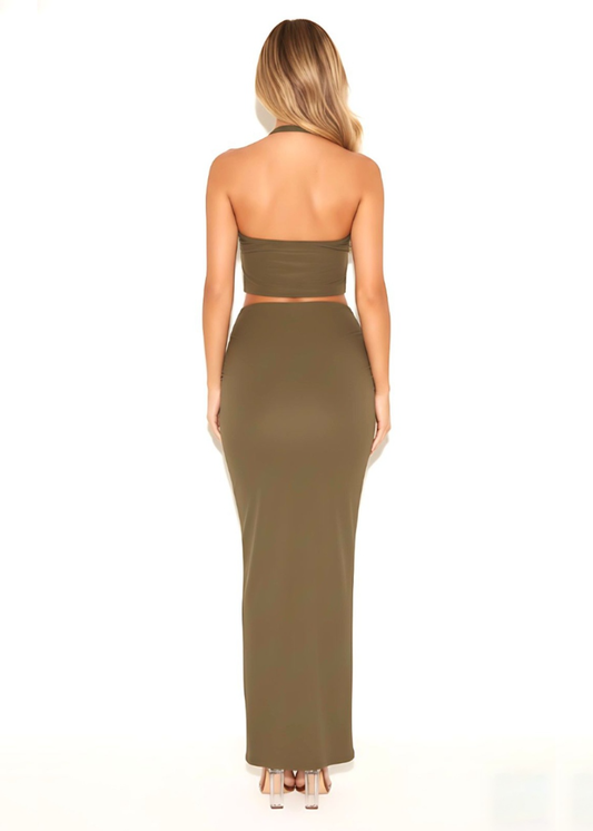 Khaki Ruched Bodycon Slinky Maxi Skirt